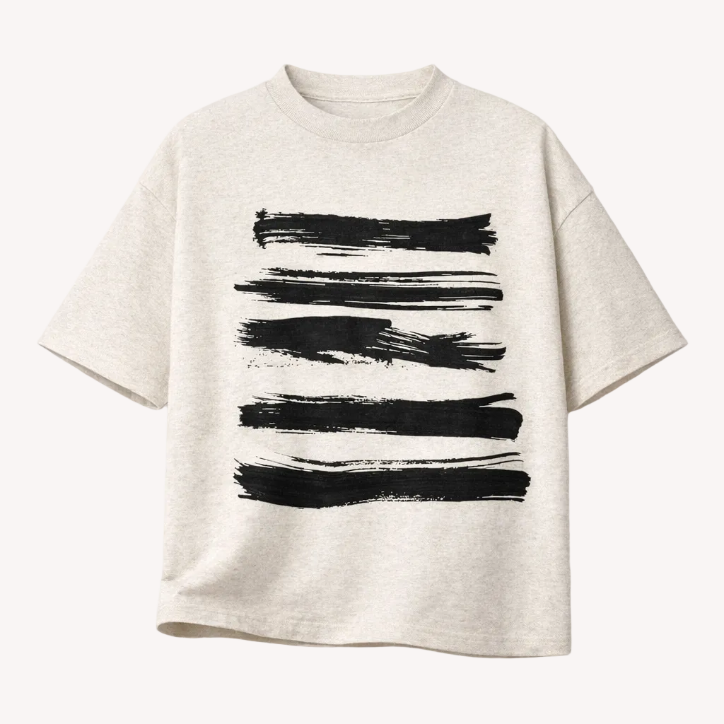 Beige t-shirt with black abstract Gouache stripes on a white background
