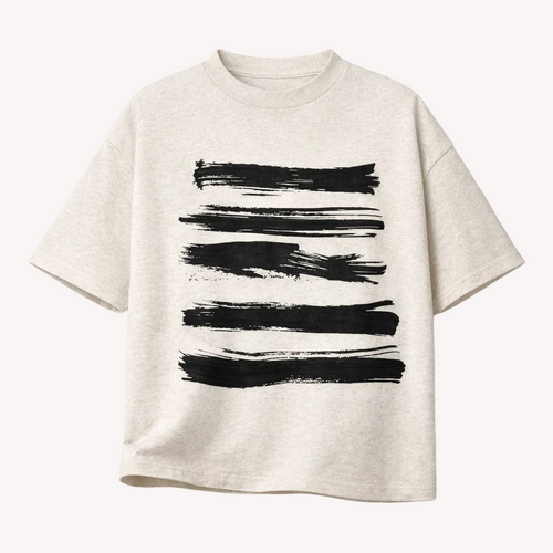 Beige t-shirt with black abstract Gouache stripes on a white background