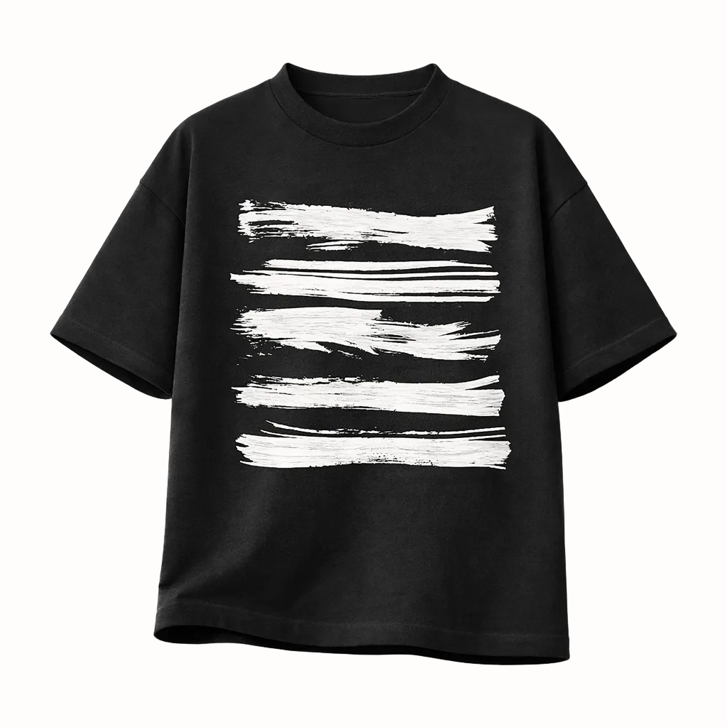 Black t-shirt with white abstract brush strokes on a white background