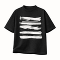 Black t-shirt with white abstract brush strokes on a white background