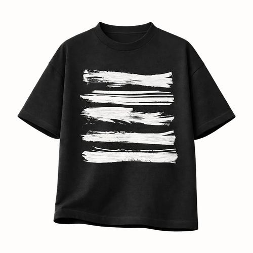 Black t-shirt with white abstract brush strokes on a white background